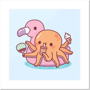 Cute Octopus Chilling on Pink Flamingo Float Posters and Art